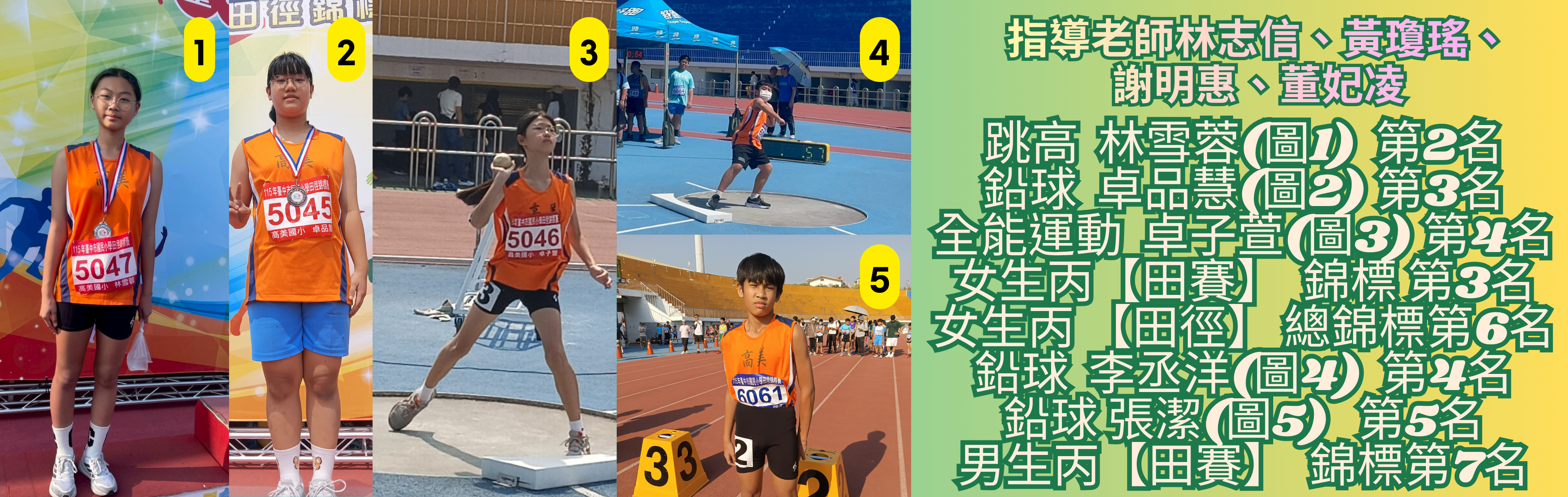 115年臺中市國民小學田徑錦標賽獲獎